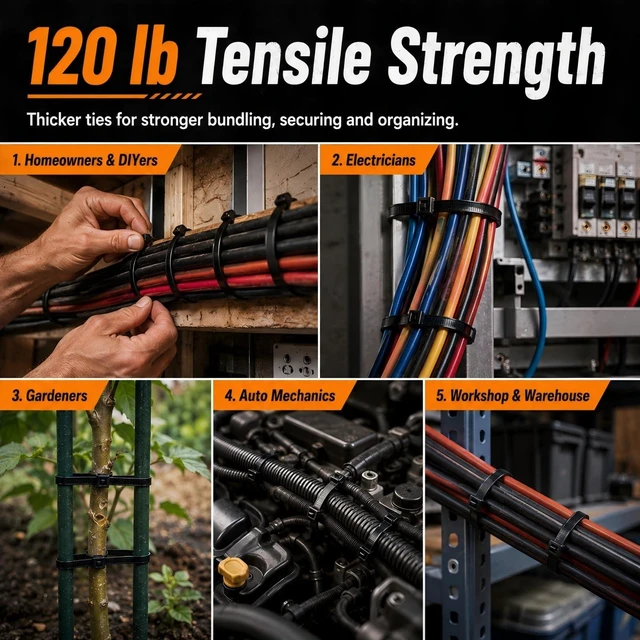 Alt view image 6 of 7 - Zip Ties Heavy Duty 8 inch, 500 Pack Black Thick Zip Ties 120lb Tensile Strength, UV Resistant Nylon Wire Tie for Industrial, Electrical, Automotive, Garden, Outdoor & Bulk Organization Use