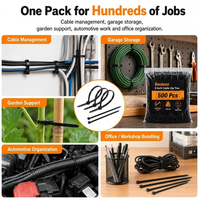 Alt view image 7 of 7 - Zip Ties Heavy Duty 8 inch, 500 Pack Black Thick Zip Ties 120lb Tensile Strength, UV Resistant Nylon Wire Tie for Industrial, Electrical, Automotive, Garden, Outdoor & Bulk Organization Use