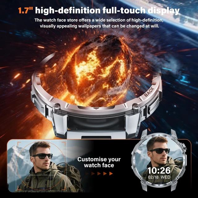 Alt view image 6 of 7 - Military Smart Watches for Men (Answer/Make Call), 1.7" HD Mens Watches, 50+Days Fitness Tracker, Flashlight 100+ Sports Modes, Blood Pressure/Heart Rate/SpO2 Compatible with Android iPhone