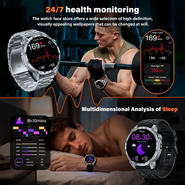 Alt view image 7 of 7 - Military Smart Watches for Men (Answer/Make Call), 1.7" HD Mens Watches, 50+Days Fitness Tracker, Flashlight 100+ Sports Modes, Blood Pressure/Heart Rate/SpO2 Compatible with Android iPhone