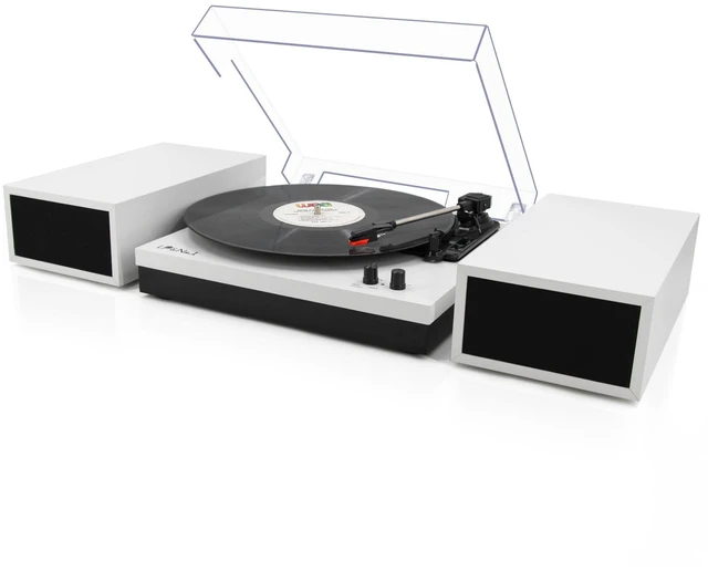 Main image of Vinyl Record Players with 2 External Speakers & Bluetooth Turntable, White Vintage Wooden Record Player, BT Wireless, 3 Speed 33/45/78 RPM, Belt-Drive, RCA, Auto Stop for Beginner, Home Decor and Gift
