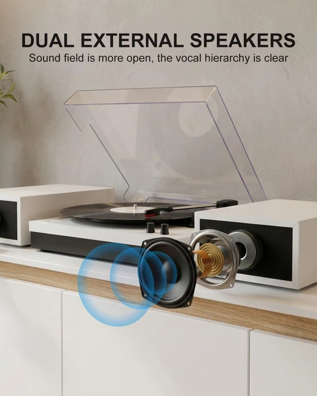 Alt view image 3 of 7 - Vinyl Record Players with 2 External Speakers & Bluetooth Turntable, White Vintage Wooden Record Player, BT Wireless, 3 Speed 33/45/78 RPM, Belt-Drive, RCA, Auto Stop for Beginner, Home Decor and Gift