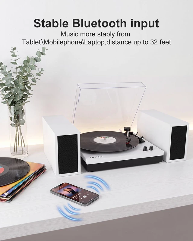 Alt view image 4 of 7 - Vinyl Record Players with 2 External Speakers & Bluetooth Turntable, White Vintage Wooden Record Player, BT Wireless, 3 Speed 33/45/78 RPM, Belt-Drive, RCA, Auto Stop for Beginner, Home Decor and Gift
