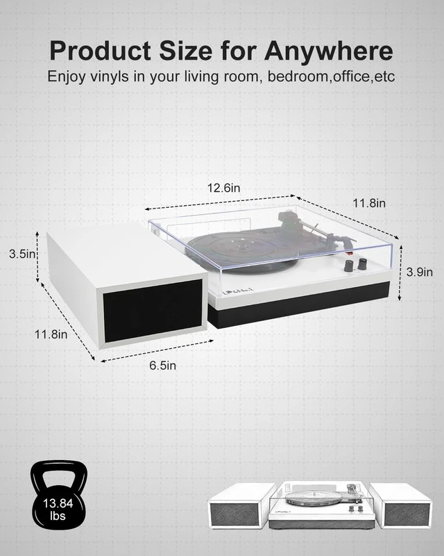 Alt view image 7 of 7 - Vinyl Record Players with 2 External Speakers & Bluetooth Turntable, White Vintage Wooden Record Player, BT Wireless, 3 Speed 33/45/78 RPM, Belt-Drive, RCA, Auto Stop for Beginner, Home Decor and Gift