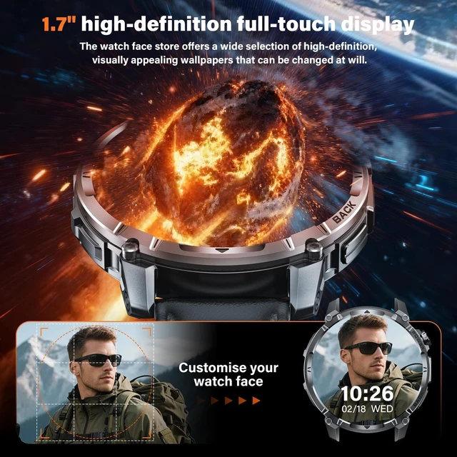 Alt view image 6 of 7 - Military Smart Watches for Men (Answer/Make Call), 1.7" HD Mens Watches, 50+Days Fitness Tracker, Flashlight 100+ Sports Modes, Blood Pressure/Heart Rate/SpO2 Compatible with Android iPhone