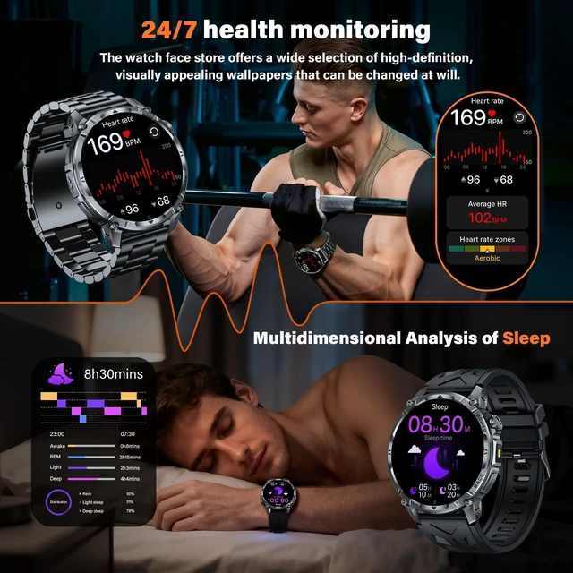 Alt view image 7 of 7 - Military Smart Watches for Men (Answer/Make Call), 1.7" HD Mens Watches, 50+Days Fitness Tracker, Flashlight 100+ Sports Modes, Blood Pressure/Heart Rate/SpO2 Compatible with Android iPhone