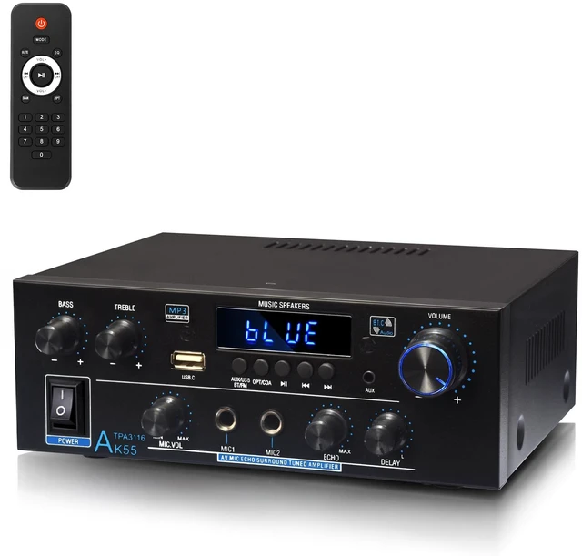Main image of AK55 Stereo Audio Amplifier,500W 2 Channel with Bluetooth 5.0 Home Audio Stereo Receiver, Power Amp for Passive Speakers with Optical, Coaxial, RCA, AUX, USB, Dual MIC, Echo & Delay