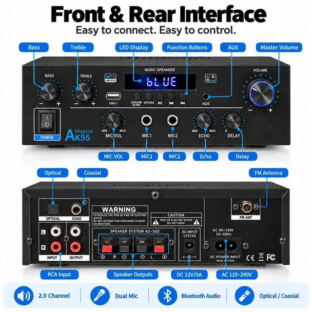 Alt view image 2 of 7 - AK55 Stereo Audio Amplifier,500W 2 Channel with Bluetooth 5.0 Home Audio Stereo Receiver, Power Amp for Passive Speakers with Optical, Coaxial, RCA, AUX, USB, Dual MIC, Echo & Delay