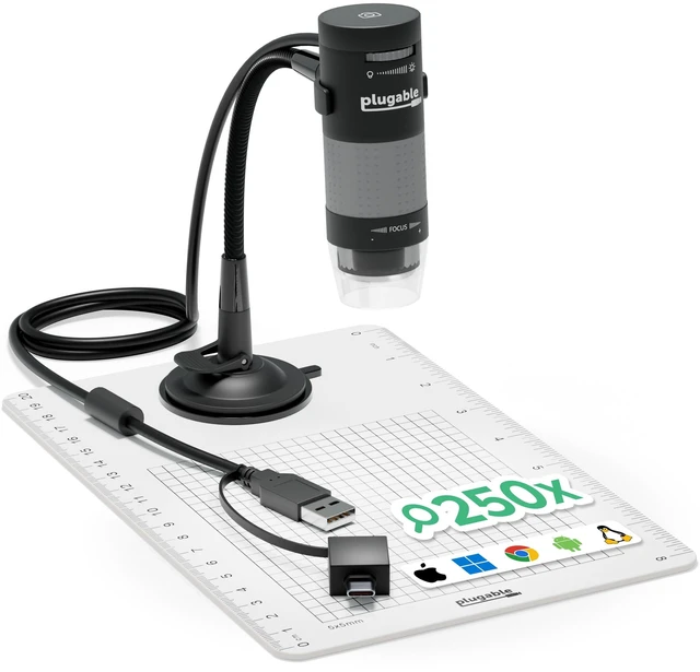 Main image of USB Digital Microscope 250x, 2MP Micro Camera, Flexible Arm Stand Handheld USB & USB-C Microscope for Windows, Mac, ChromeOS, Linux, Android, iPad Compatible