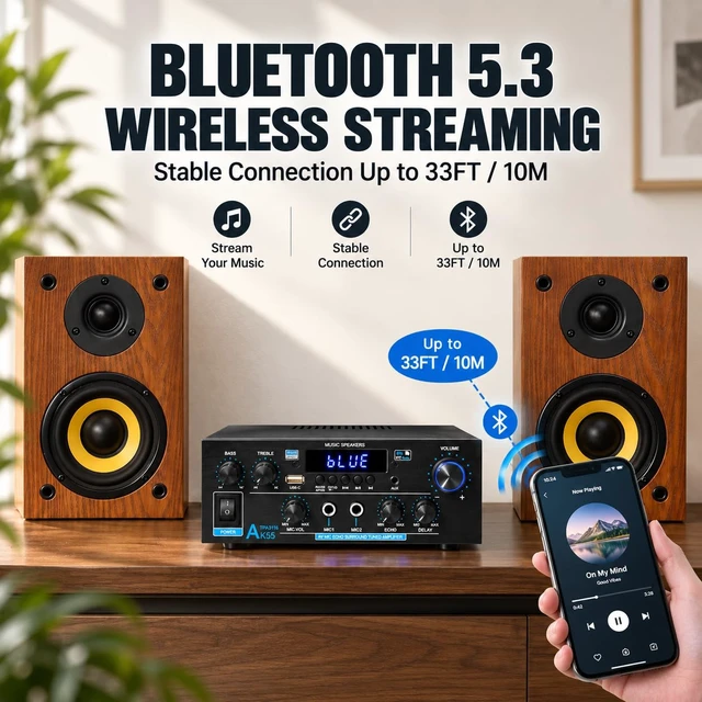Alt view image 3 of 7 - AK55 Stereo Audio Amplifier,500W 2 Channel with Bluetooth 5.0 Home Audio Stereo Receiver, Power Amp for Passive Speakers with Optical, Coaxial, RCA, AUX, USB, Dual MIC, Echo & Delay