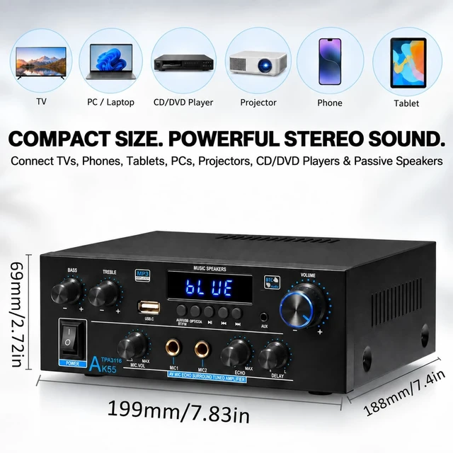 Alt view image 5 of 7 - AK55 Stereo Audio Amplifier,500W 2 Channel with Bluetooth 5.0 Home Audio Stereo Receiver, Power Amp for Passive Speakers with Optical, Coaxial, RCA, AUX, USB, Dual MIC, Echo & Delay