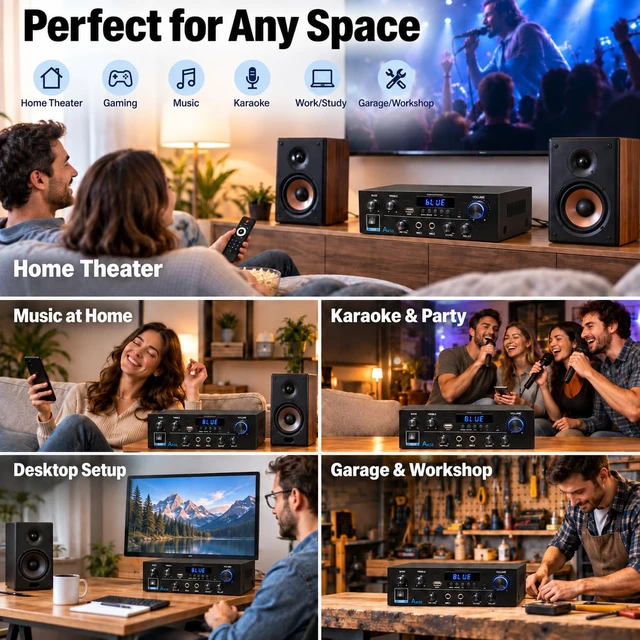 Alt view image 6 of 7 - AK55 Stereo Audio Amplifier,500W 2 Channel with Bluetooth 5.0 Home Audio Stereo Receiver, Power Amp for Passive Speakers with Optical, Coaxial, RCA, AUX, USB, Dual MIC, Echo & Delay