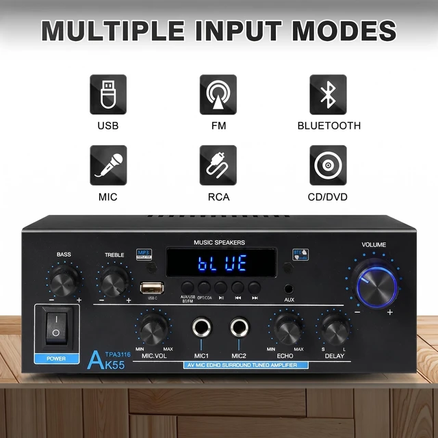 Alt view image 4 of 7 - AK55 Stereo Audio Amplifier,500W 2 Channel with Bluetooth 5.0 Home Audio Stereo Receiver, Power Amp for Passive Speakers with Optical, Coaxial, RCA, AUX, USB, Dual MIC, Echo & Delay