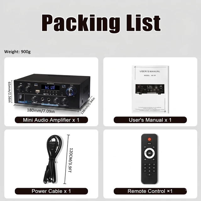 Alt view image 7 of 7 - AK55 Stereo Audio Amplifier,500W 2 Channel with Bluetooth 5.0 Home Audio Stereo Receiver, Power Amp for Passive Speakers with Optical, Coaxial, RCA, AUX, USB, Dual MIC, Echo & Delay