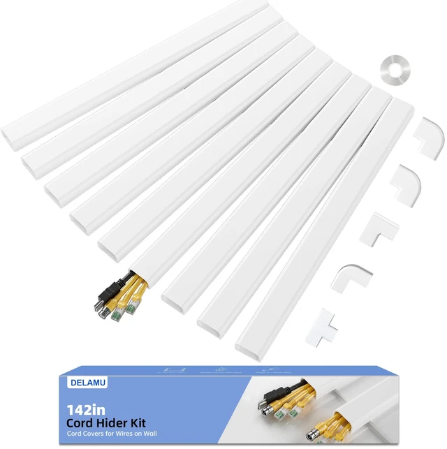 Main image of Large 142in Cord Hider for 3-4 Cords, Cord Covers for Wires on Wall, Easier Install Wire Covers for Cords on Wall, Cable Wire Hider, Cable Cover Management Raceway, W1.18 H0.63in, White
