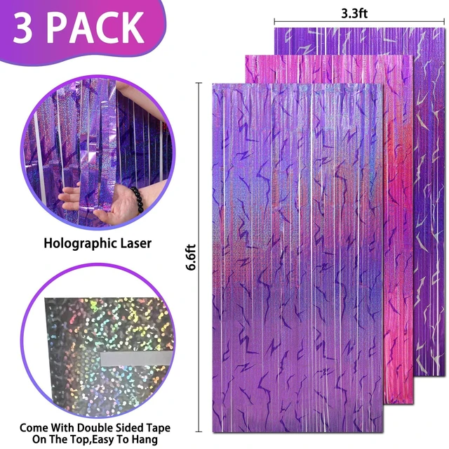 Alt view image 2 of 7 - 3 Pack Demon Hunters Birthday Foil Fringe Curtains Decor, Pink Purple Demon Energy Pattern Backdrop Sparkling Holographic Laser 6.6ft Streamer-Korean Idol Decor for Party Birthday Baby Shower