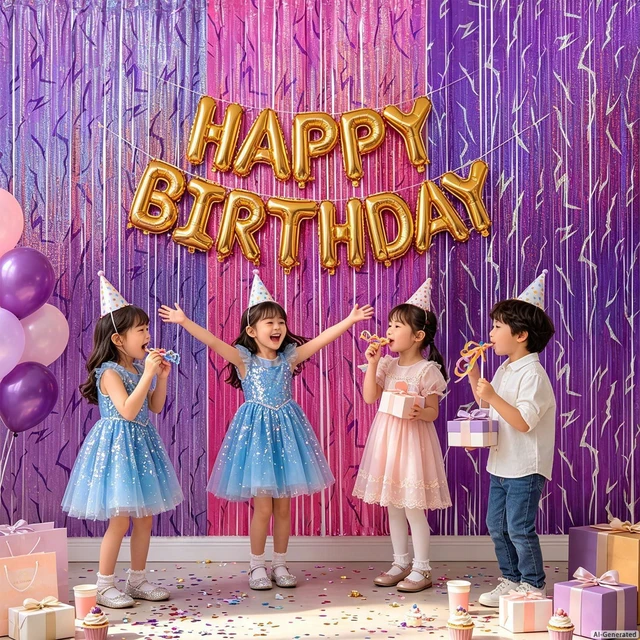 Alt view image 6 of 7 - 3 Pack Demon Hunters Birthday Foil Fringe Curtains Decor, Pink Purple Demon Energy Pattern Backdrop Sparkling Holographic Laser 6.6ft Streamer-Korean Idol Decor for Party Birthday Baby Shower