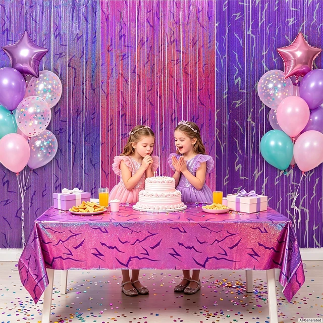 Alt view image 7 of 7 - 3 Pack Demon Hunters Birthday Foil Fringe Curtains Decor, Pink Purple Demon Energy Pattern Backdrop Sparkling Holographic Laser 6.6ft Streamer-Korean Idol Decor for Party Birthday Baby Shower