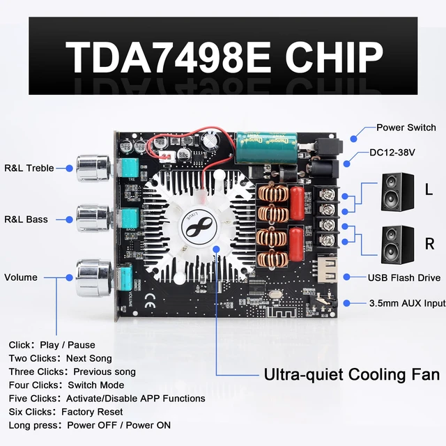 Alt view image 2 of 6 - 320W Audio Amplifier Board with Treble and Bass Control, DC 12-36V, Bluetooth 5.2 and AUX Inputs, 2.0 Channel Stereo AMP Board for DIY Wireless Speakers (Black3 T160HS)