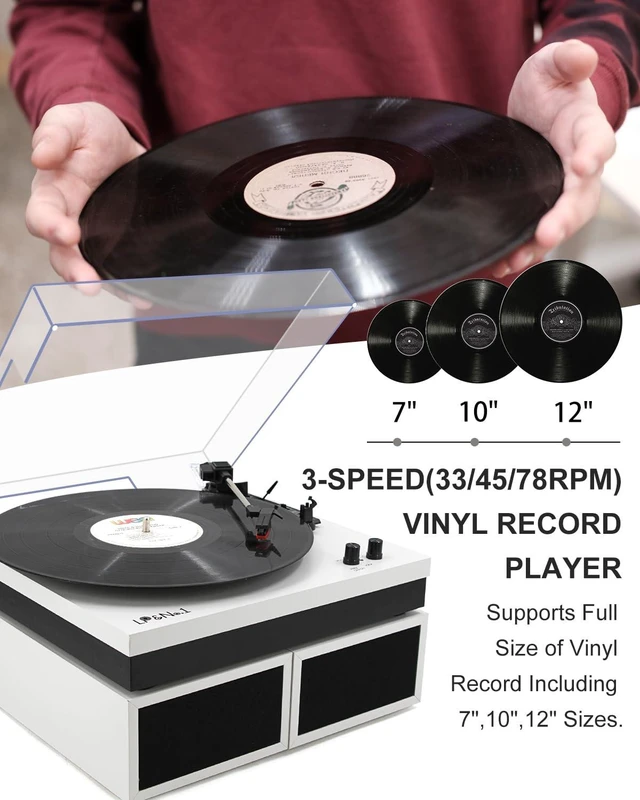 Alt view image 2 of 7 - Vinyl Record Players with 2 External Speakers & Bluetooth Turntable, White Vintage Wooden Record Player, BT Wireless, 3 Speed 33/45/78 RPM, Belt-Drive, RCA, Auto Stop for Beginner, Home Decor and Gift