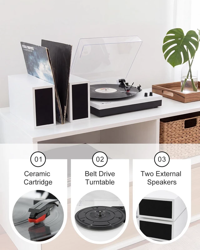 Alt view image 5 of 7 - Vinyl Record Players with 2 External Speakers & Bluetooth Turntable, White Vintage Wooden Record Player, BT Wireless, 3 Speed 33/45/78 RPM, Belt-Drive, RCA, Auto Stop for Beginner, Home Decor and Gift