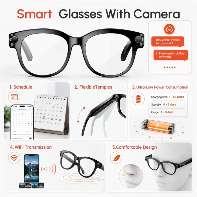 Alt view image 7 of 7 - AI Smart Glasses with Camera, Hands-Free Calls, Music, Offline AI Assistant 8MP & 1080P/30 Camera Glasses, AI Recognition & Recording, Video Translation, Schedule Tracking for Travel, Commuting, Work