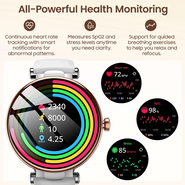 Alt view image 5 of 7 - S8 AMOLED Smart Watch for Women Men, 3ATM Waterproof Fitness Tracker Heart Rate Monitor, Sleep & Stress Tracking, 100+ Sport Modes, Bluetooth Call Long Battery for Android iOS Rose Gold