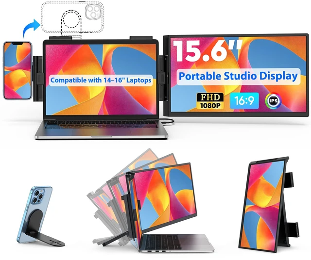 Main image of Portable Studio Display 15.6" FHD IPS 1080P Monitor Laptop Screen Extender & Phone/Pad Mount for 1416" Laptops, Turn Phone into Webcam + Keyboard Control (ThirdParty App Required)