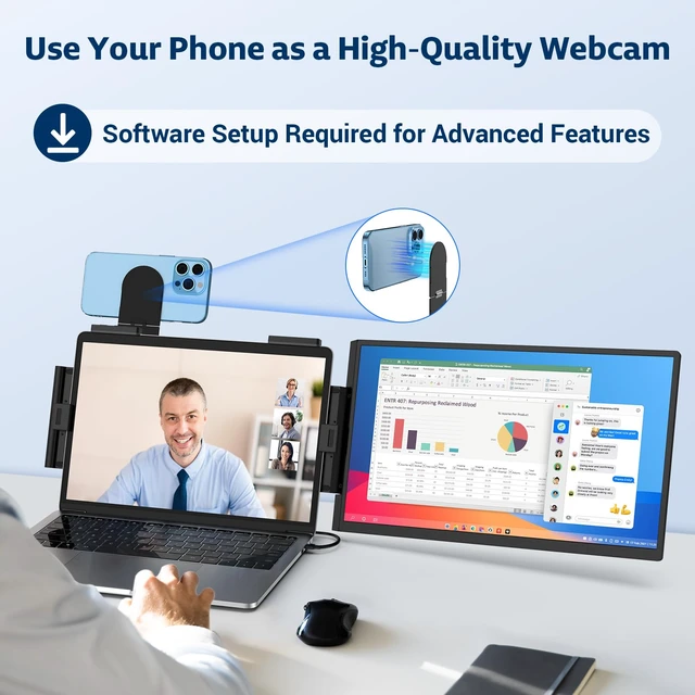 Alt view image 5 of 7 - Portable Studio Display 15.6" FHD IPS 1080P Monitor Laptop Screen Extender & Phone/Pad Mount for 1416" Laptops, Turn Phone into Webcam + Keyboard Control (ThirdParty App Required)