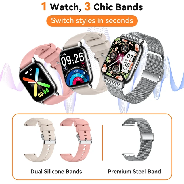 Alt view image 2 of 7 - Smart Watch for Women (3 Bands), 1.85'' HD Fitness Tracker with Bluetooth Calls, IPX8 Waterproof Smartwatch for Android iPhone, 112+ Sport Modes, Heart Rate & Sleep Monitor, Silver