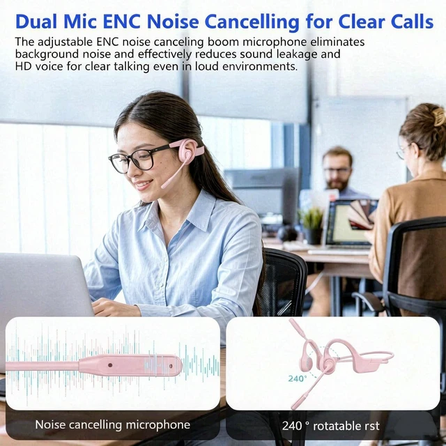 Alt view image 2 of 7 - Open Ear Headphones with Mic, 28g Wireless Trucker Bluetooth Headset Bone Conduction,ENC Noise Cancellation,One-Click Mute for Work/Meetings,Coating/Silicone Frame,Sweatproof,Magnetic Charging