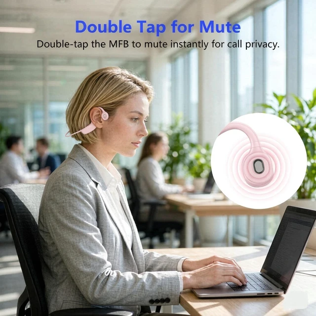 Alt view image 3 of 7 - Open Ear Headphones with Mic, 28g Wireless Trucker Bluetooth Headset Bone Conduction,ENC Noise Cancellation,One-Click Mute for Work/Meetings,Coating/Silicone Frame,Sweatproof,Magnetic Charging