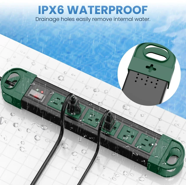 Alt view image 3 of 7 - Outdoor Power Strip Weatherproof, 2700J Surge Protector, Green 4Ft IPX6 Waterproof 6 Plug Extender Port, Exterior Long Extension Cord with Multiple Outlets for Garden, Christmas Decor