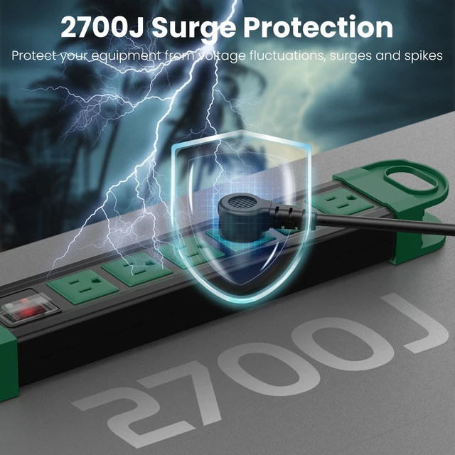 Alt view image 4 of 7 - Outdoor Power Strip Weatherproof, 2700J Surge Protector, Green 4Ft IPX6 Waterproof 6 Plug Extender Port, Exterior Long Extension Cord with Multiple Outlets for Garden, Christmas Decor