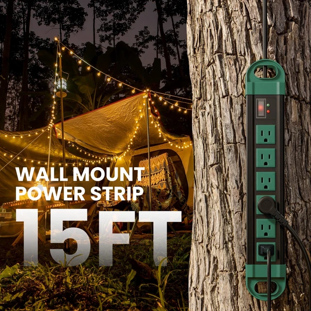 Alt view image 7 of 7 - GFCI Outdoor Power Strip Weatherproof IPX6 Waterproof, Green 15FT Surge Protector 2700J with 6 Plug Extender Port, Exterior Long Extension Cord with Multiple Outlet for Garden Christmas Decor