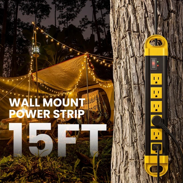 Alt view image 6 of 7 - Outdoor Power Strip Weatherproof, 2700J Surge Protector, Yellow 15Ft IPX6 Waterproof 6 Plug Extender Port, Exterior Long Extension Cord with Multiple Outlets for Garden, Christmas Decor