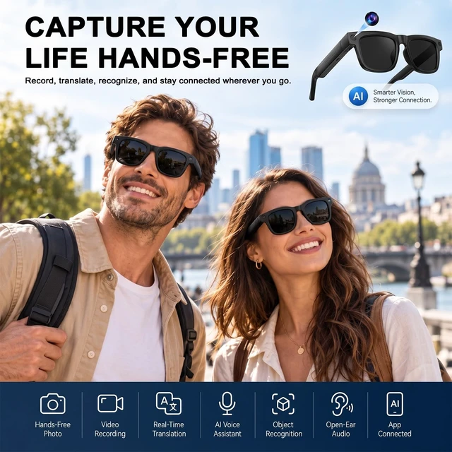 Alt view image 3 of 7 - AI Smart Glasses With Camera, Featuring Three Pairs of Lenses, 4K EIS 32MP HD Camera, Real-Time Translation with 169, Object Recognition, AI Assistant, Open-Ear Audio, Bluetooth 5.4, IP65, Black