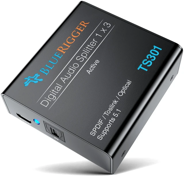 Main image of Digital Optical Audio Splitter (1x3 Active Toslink Splitter) Powered Digital Optical Splitter 1 In 3 Out (LPCM2.0, Dolby Digital, DTS 5.1) for Home Theatre, DVD, TV, Receiver, Sound Bar