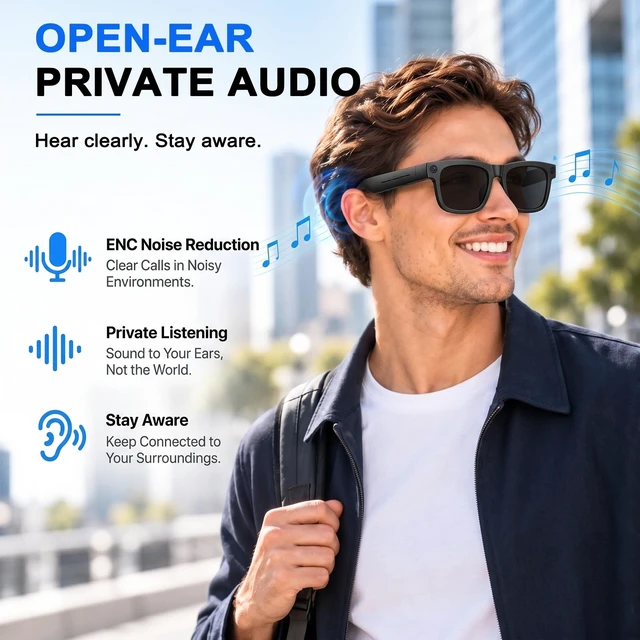 Alt view image 5 of 7 - AI Smart Glasses With Camera, Featuring Three Pairs of Lenses, 4K EIS 32MP HD Camera, Real-Time Translation with 169, Object Recognition, AI Assistant, Open-Ear Audio, Bluetooth 5.4, IP65, Black