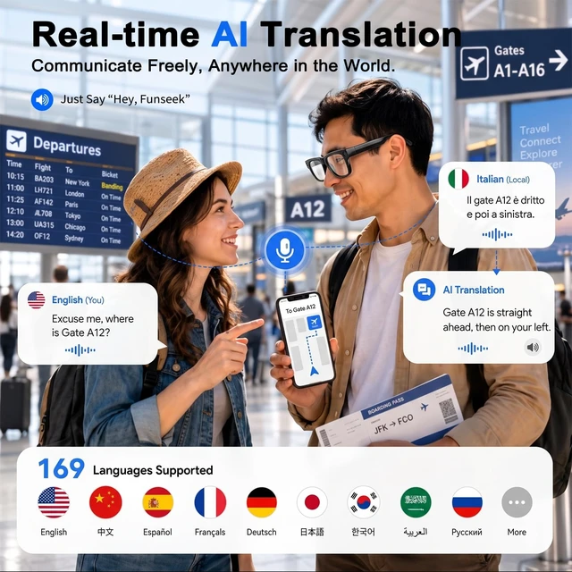 Alt view image 6 of 7 - AI Smart Glasses With Camera, Featuring Three Pairs of Lenses, 4K EIS 32MP HD Camera, Real-Time Translation with 169, Object Recognition, AI Assistant, Open-Ear Audio, Bluetooth 5.4, IP65, Black