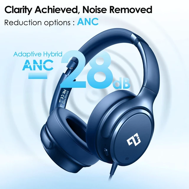 Alt view image 2 of 7 - Active Noise Cancelling Headphones USB C Headphones Wired Over Ear-Blue Big Bass,HiFi Stereo Sound,Adjustable Headband,Portable, Comfortable,Built-in Mic,Type C Headphone for Travel, Home, Office