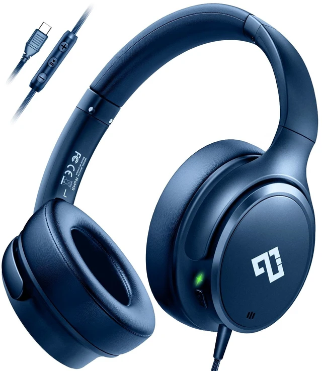 Main image of Active Noise Cancelling Headphones USB C Headphones Wired Over Ear-Blue Big Bass,HiFi Stereo Sound,Adjustable Headband,Portable, Comfortable,Built-in Mic,Type C Headphone for Travel, Home, Office