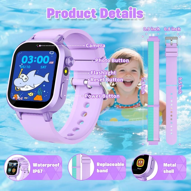 Alt view image 7 of 7 - Kids Waterproof Smart Watch Girls Gift Age 3-12 with 39 Game HD Touch Screen Music Player Video Camera Pedometer Alarm Clock Toys Birthday Gifts for 6 7 8 9 Year Olds Purple