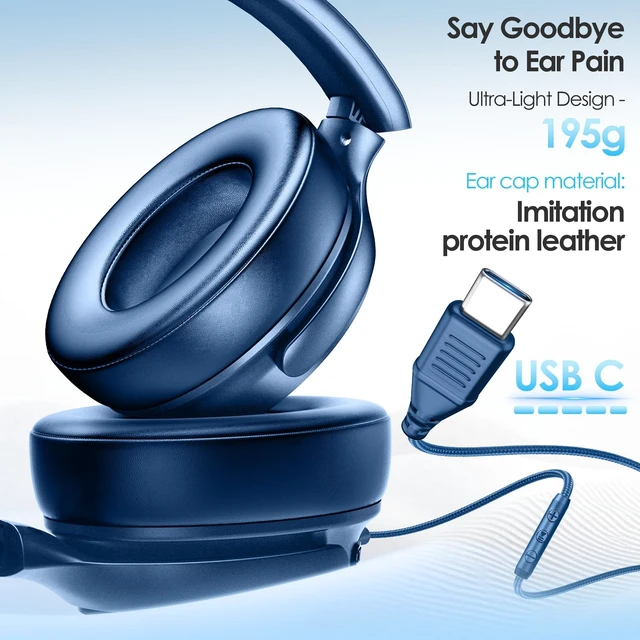 Alt view image 3 of 7 - Active Noise Cancelling Headphones USB C Headphones Wired Over Ear-Blue Big Bass,HiFi Stereo Sound,Adjustable Headband,Portable, Comfortable,Built-in Mic,Type C Headphone for Travel, Home, Office