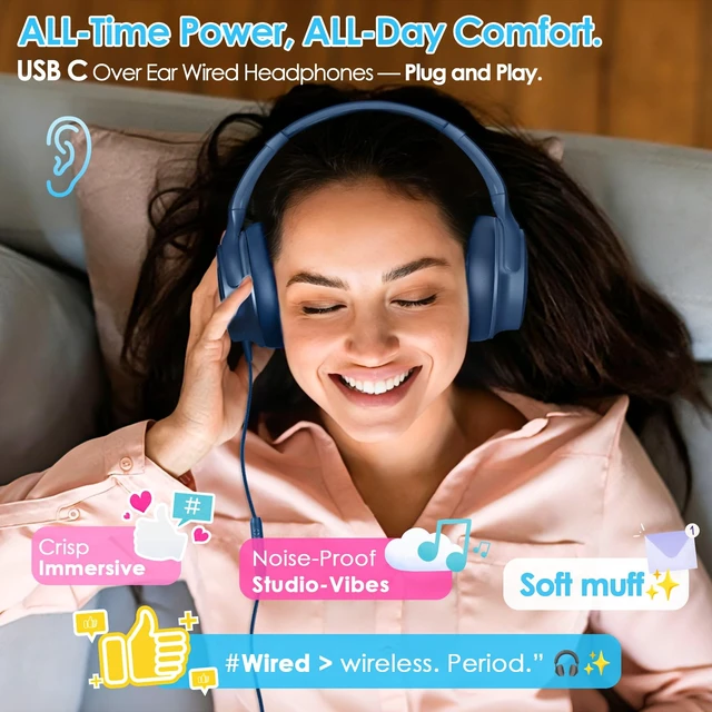 Alt view image 7 of 7 - Active Noise Cancelling Headphones USB C Headphones Wired Over Ear-Blue Big Bass,HiFi Stereo Sound,Adjustable Headband,Portable, Comfortable,Built-in Mic,Type C Headphone for Travel, Home, Office