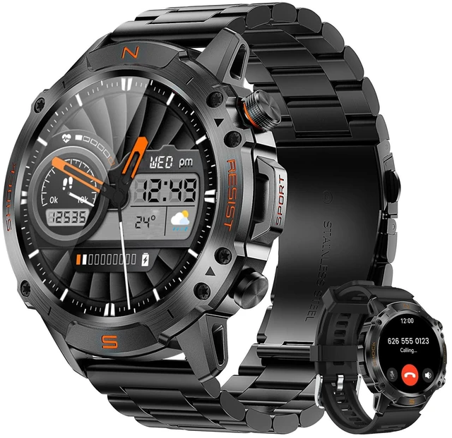 Main image of Tactical Smart Watch for Men, Rugged 1.43" AMOLED Fitness Tracker Bluetooth Calling, 5ATM Waterproof, 170+ Sports Modes, Heart Rate & SpO2 Monitor, Sleep Tracking, 2 Bands, Android & iPhone