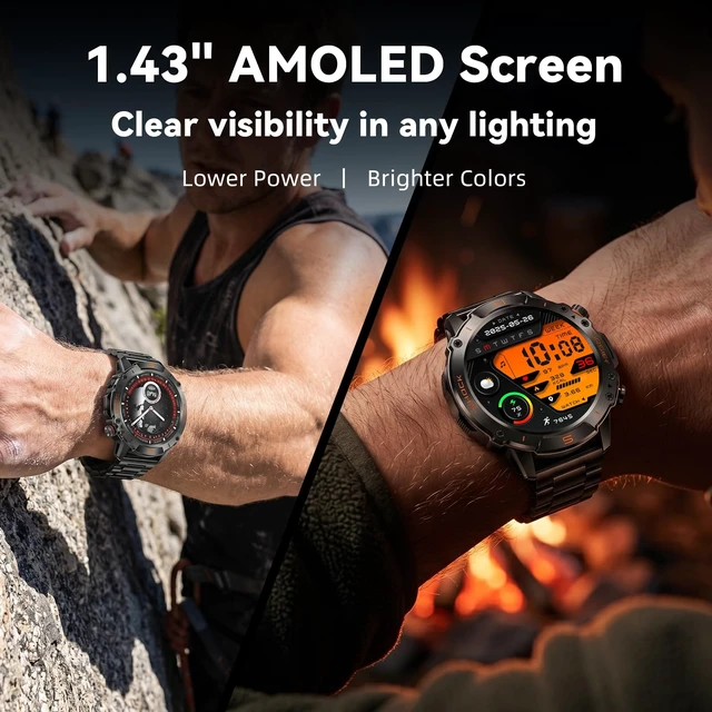 Alt view image 2 of 7 - Tactical Smart Watch for Men, Rugged 1.43" AMOLED Fitness Tracker Bluetooth Calling, 5ATM Waterproof, 170+ Sports Modes, Heart Rate & SpO2 Monitor, Sleep Tracking, 2 Bands, Android & iPhone