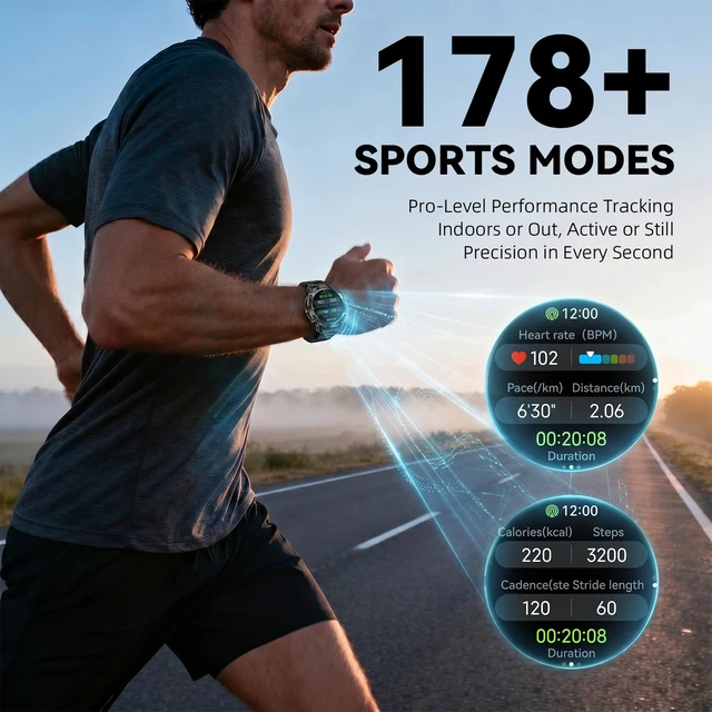 Alt view image 5 of 7 - Tactical Smart Watch for Men, Rugged 1.43" AMOLED Fitness Tracker Bluetooth Calling, 5ATM Waterproof, 170+ Sports Modes, Heart Rate & SpO2 Monitor, Sleep Tracking, 2 Bands, Android & iPhone