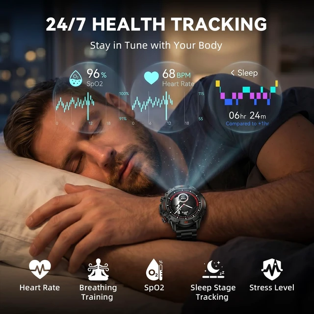 Alt view image 6 of 7 - Tactical Smart Watch for Men, Rugged 1.43" AMOLED Fitness Tracker Bluetooth Calling, 5ATM Waterproof, 170+ Sports Modes, Heart Rate & SpO2 Monitor, Sleep Tracking, 2 Bands, Android & iPhone