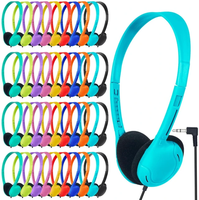 Main image of Classroom Headphones Bulk 50 Pack for School,Wholesale Earphones Class Set of Headphones for Students Testing On Line Learning Adult 3.5mm Jack (10 Multi Color)